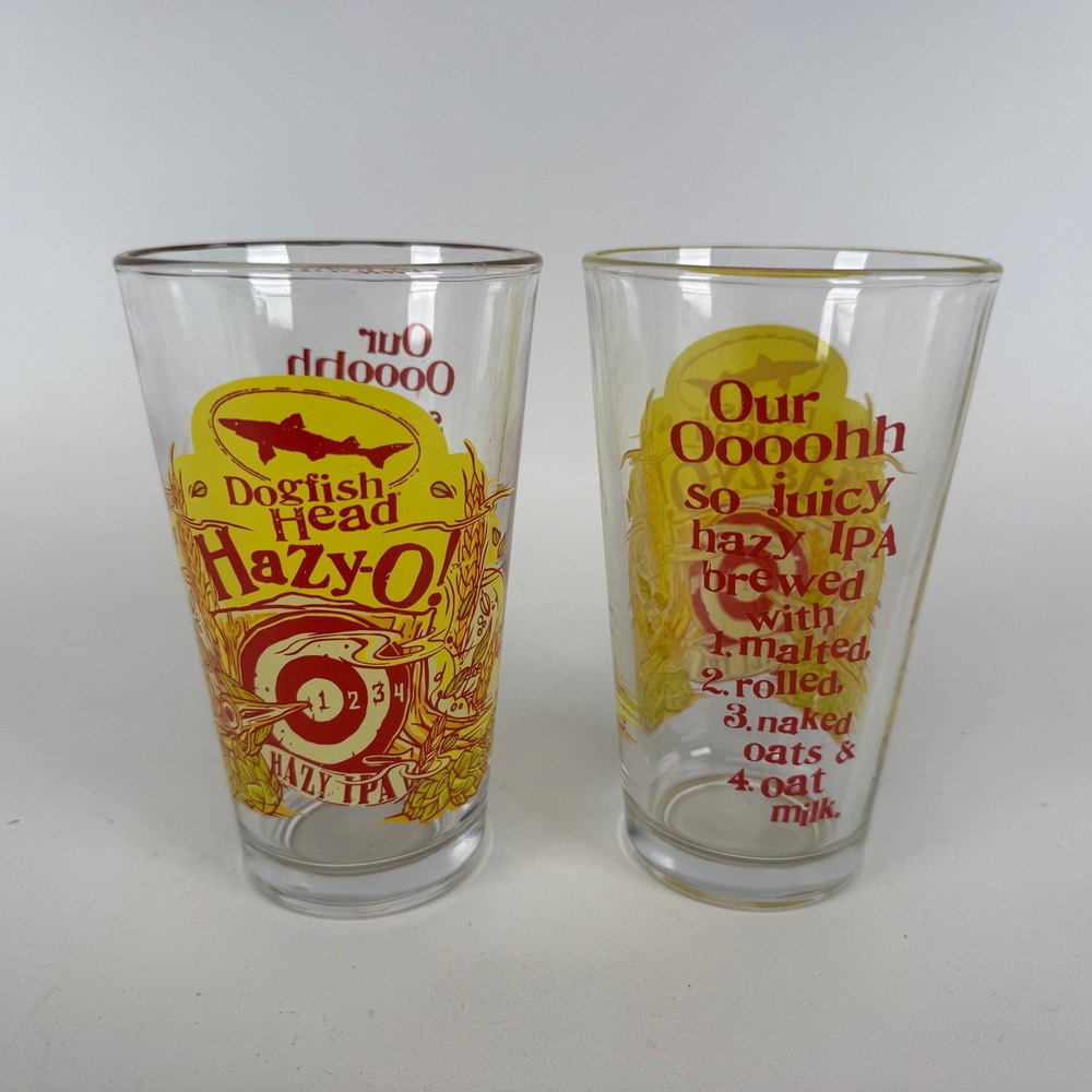 Set of 2 Dogfish Head Hazy-O IPA Beer Pint Glasses Yellow Red Shark Logo